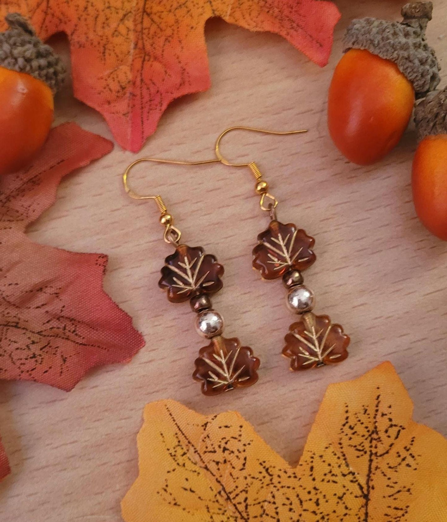 Maple Leaf Beaded Drop Earrings: Gold Plated S925 Wires