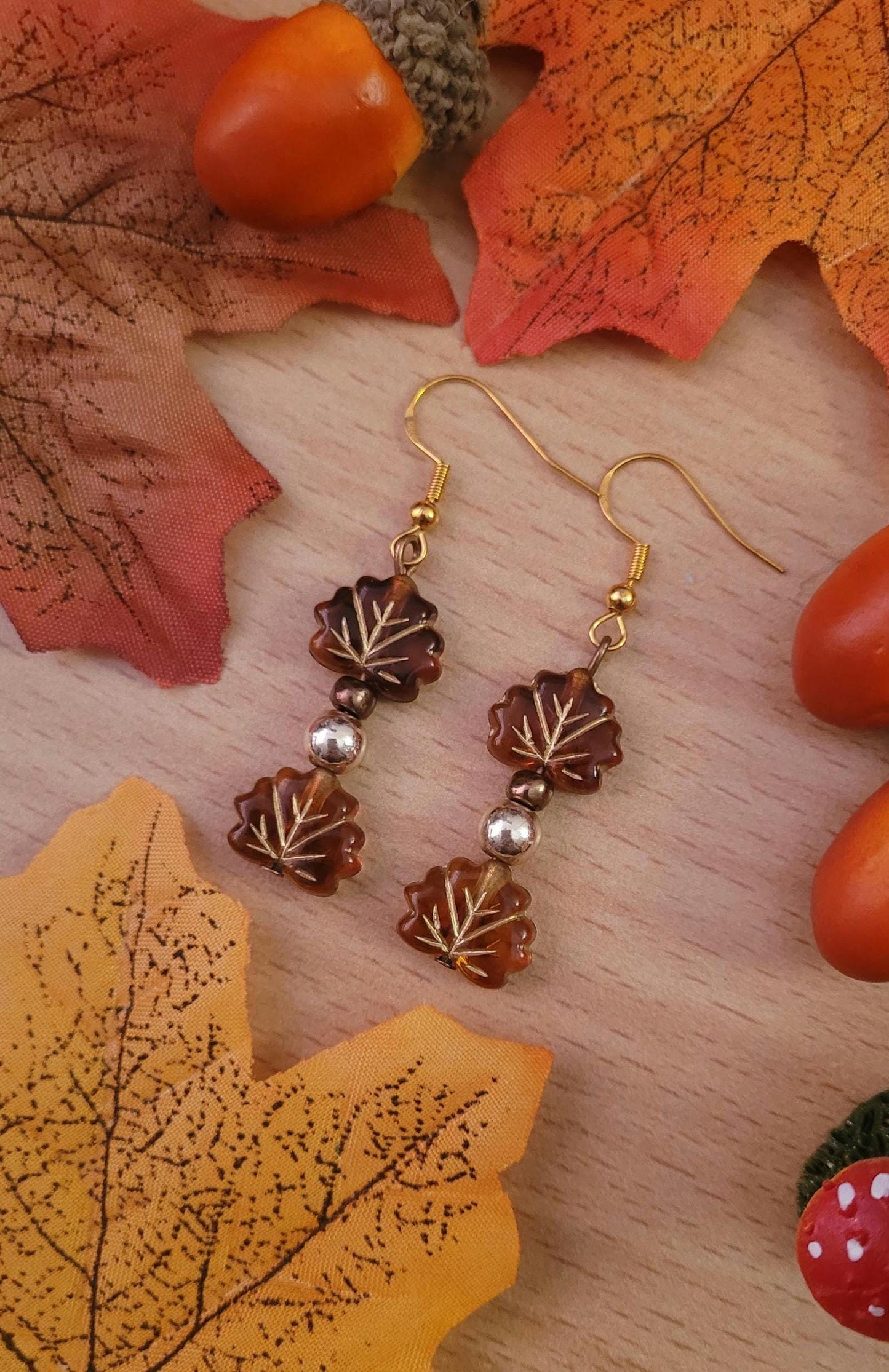 Maple Leaf Beaded Drop Earrings: Gold Plated S925 Wires