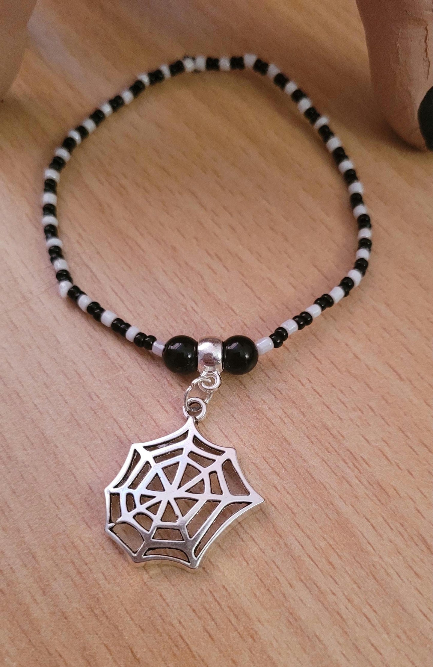 Halloween Spider Web Charm Bracelet, Black White Seed Bead