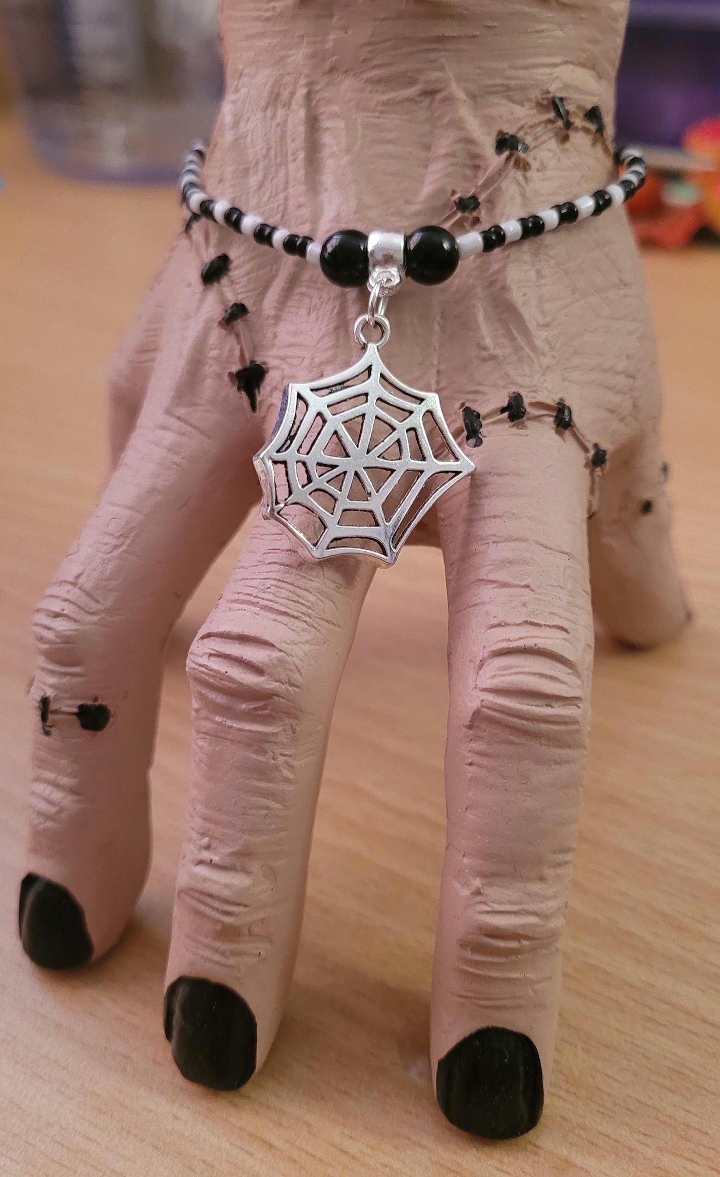 Halloween Spider Web Charm Bracelet, Black White Seed Bead