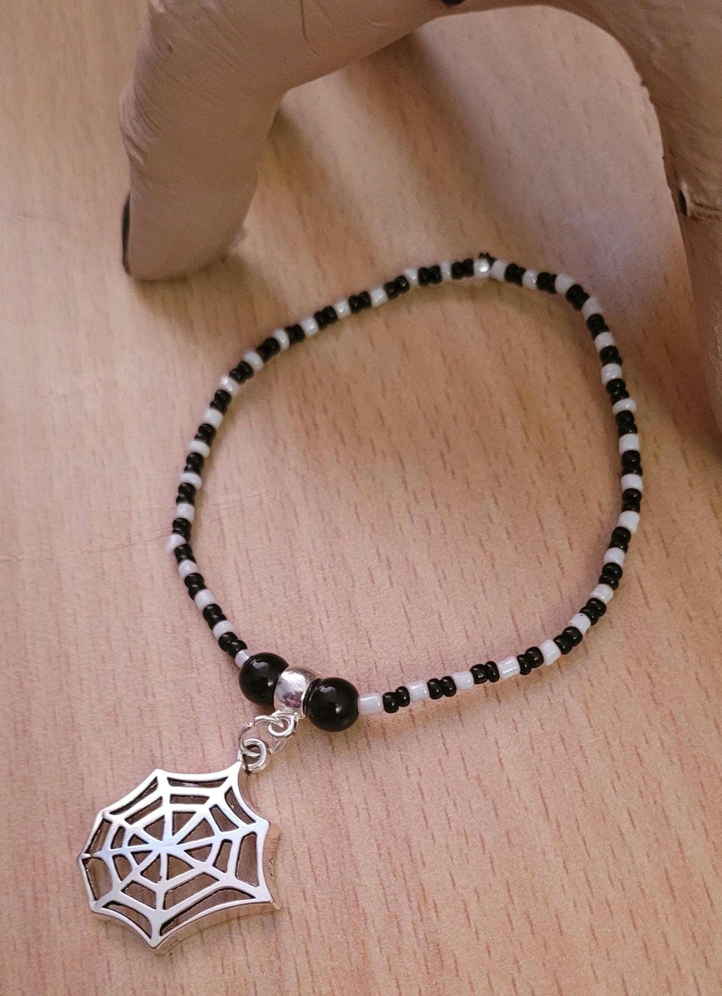 Halloween Spider Web Charm Bracelet, Black White Seed Bead