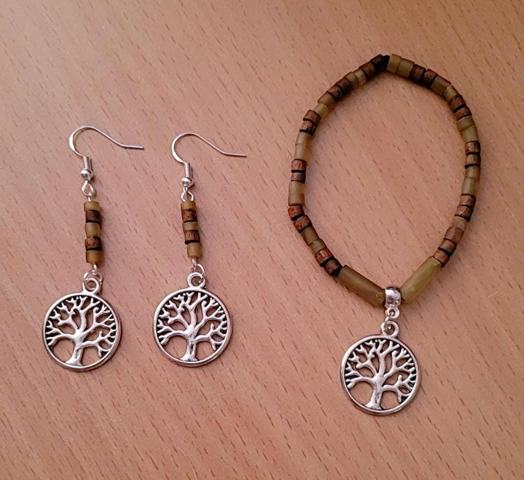 Tree of Life Charm Set: Beaded Bracelet & Sterling Silver Earrings