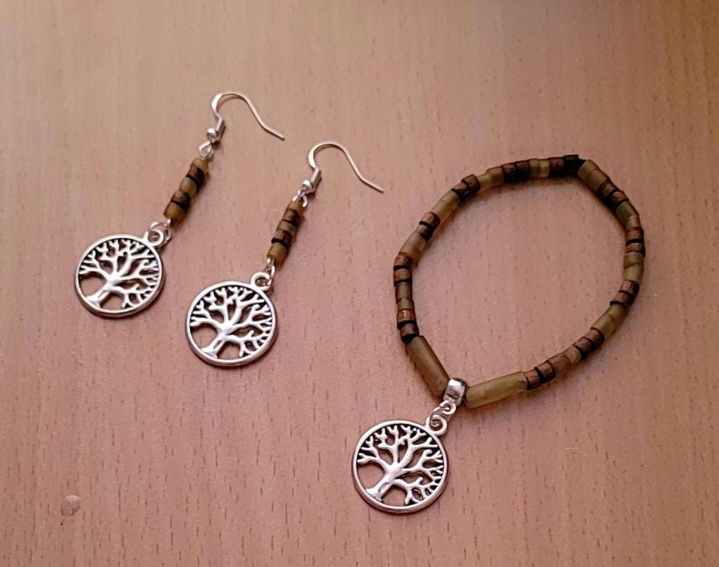 Tree of Life Charm Set: Beaded Bracelet & Sterling Silver Earrings