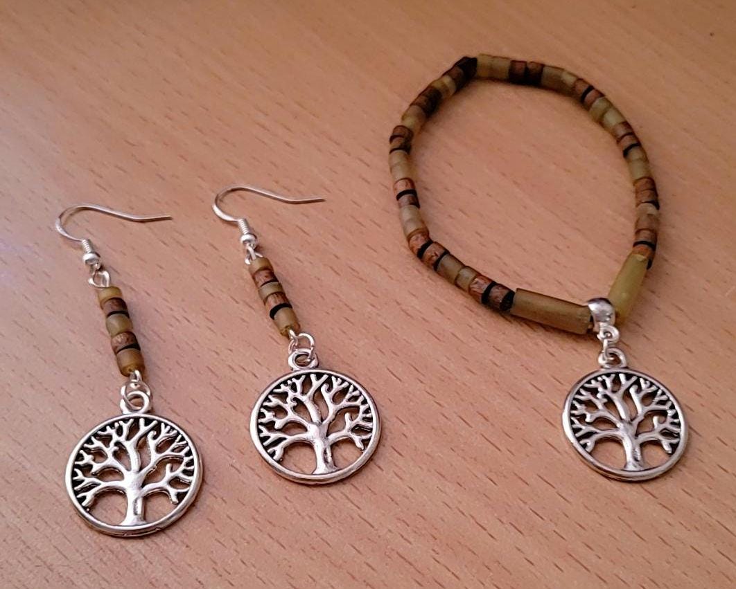Tree of Life Charm Set: Beaded Bracelet & Sterling Silver Earrings