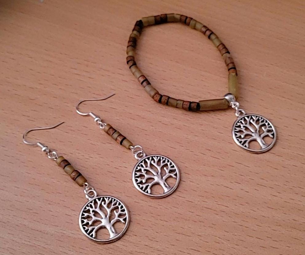 Tree of Life Charm Set: Beaded Bracelet & Sterling Silver Earrings