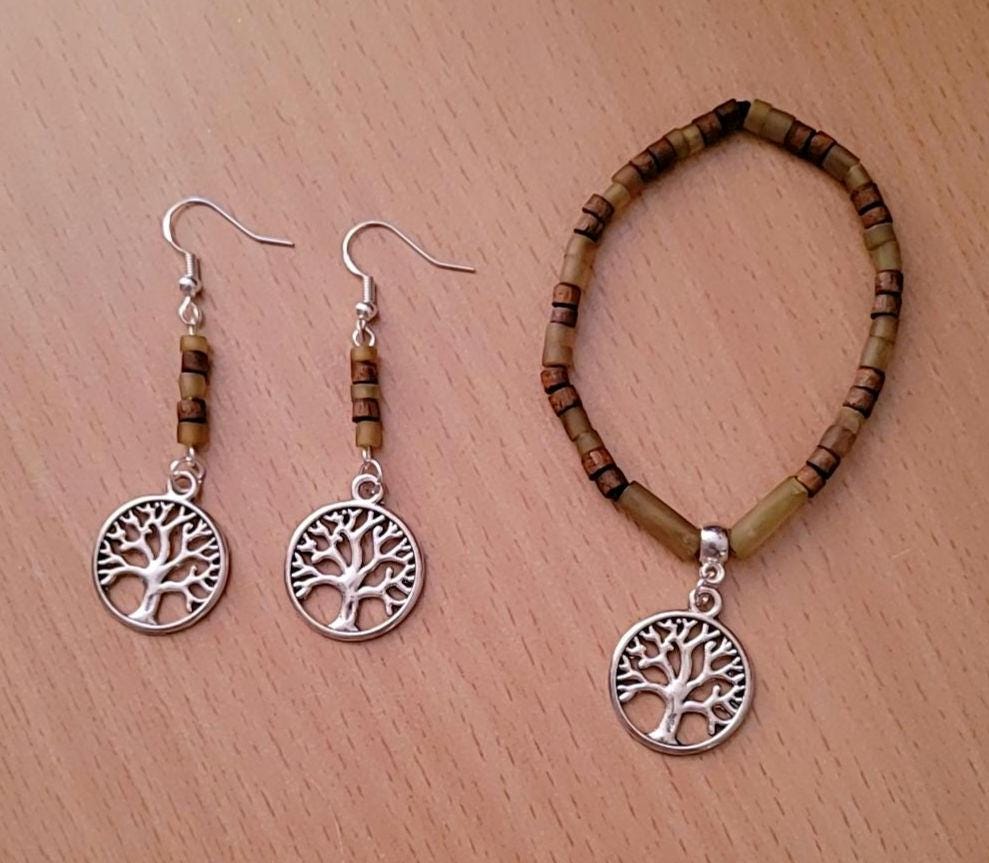Tree of Life Charm Set: Beaded Bracelet & Sterling Silver Earrings