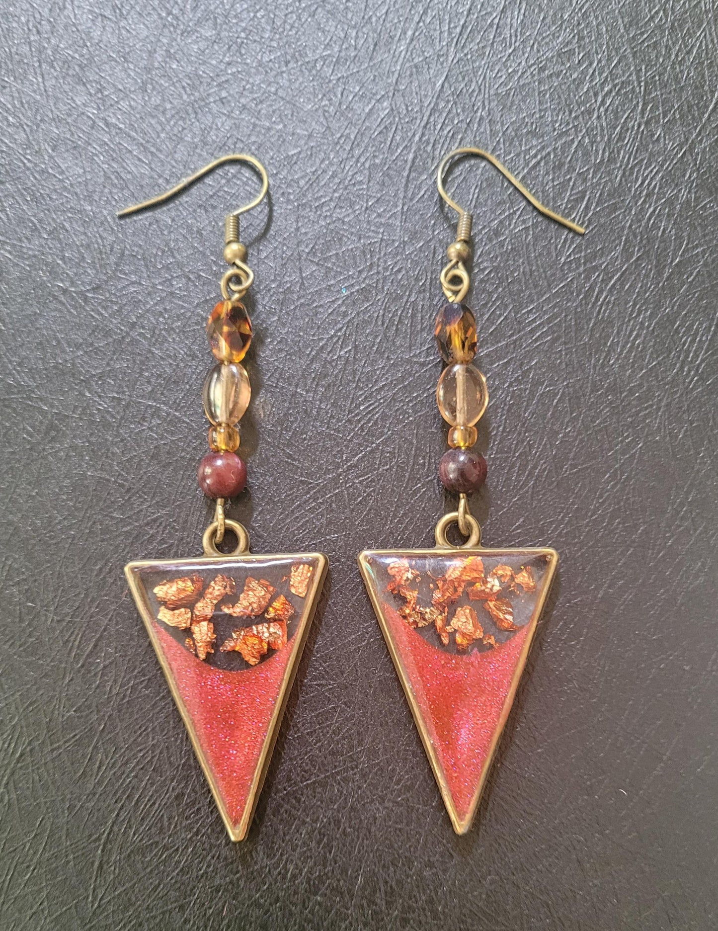 Autumn inspired Resin Dangle Statement Earrings. Unique, inverted triangle