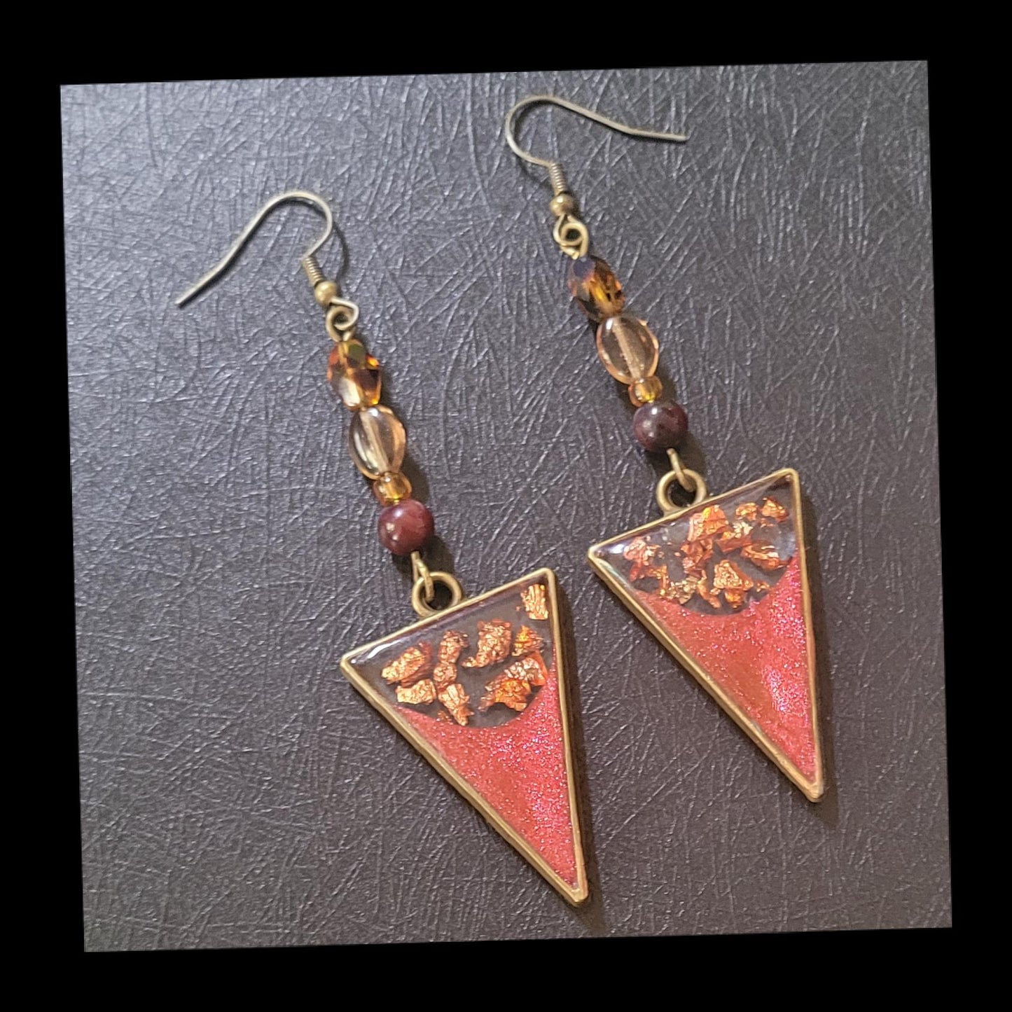 Autumn inspired Resin Dangle Statement Earrings. Unique, inverted triangle