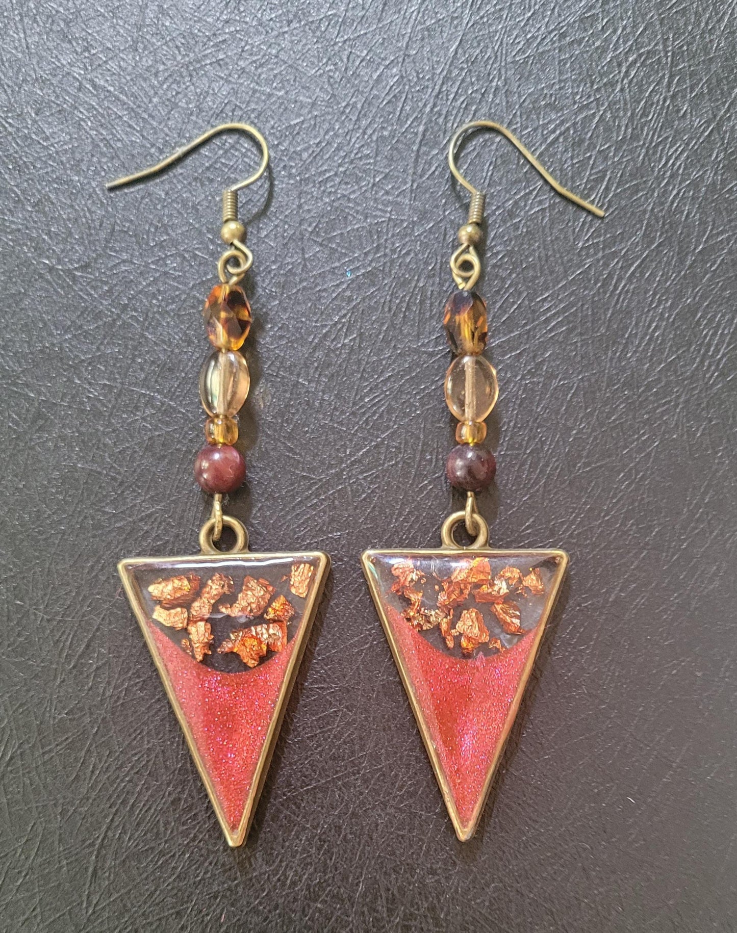 Autumn inspired Resin Dangle Statement Earrings. Unique, inverted triangle